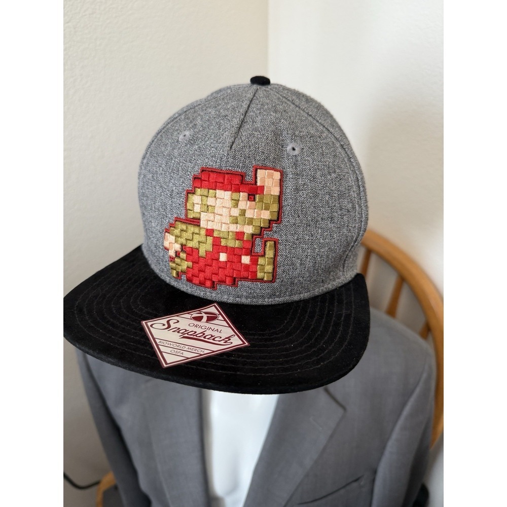 Mario Pixelated Gray Snapback Hat Super Mario Bros Original Nintendo Video Game